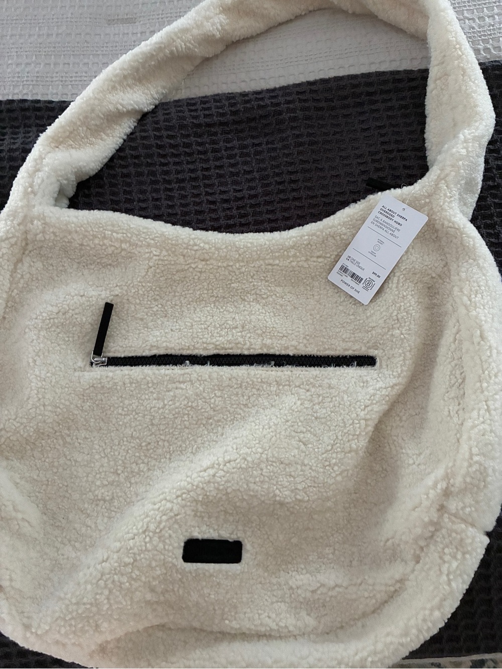 Athleta Cream Sherpa Hobo Bag with Black Zipper Trim